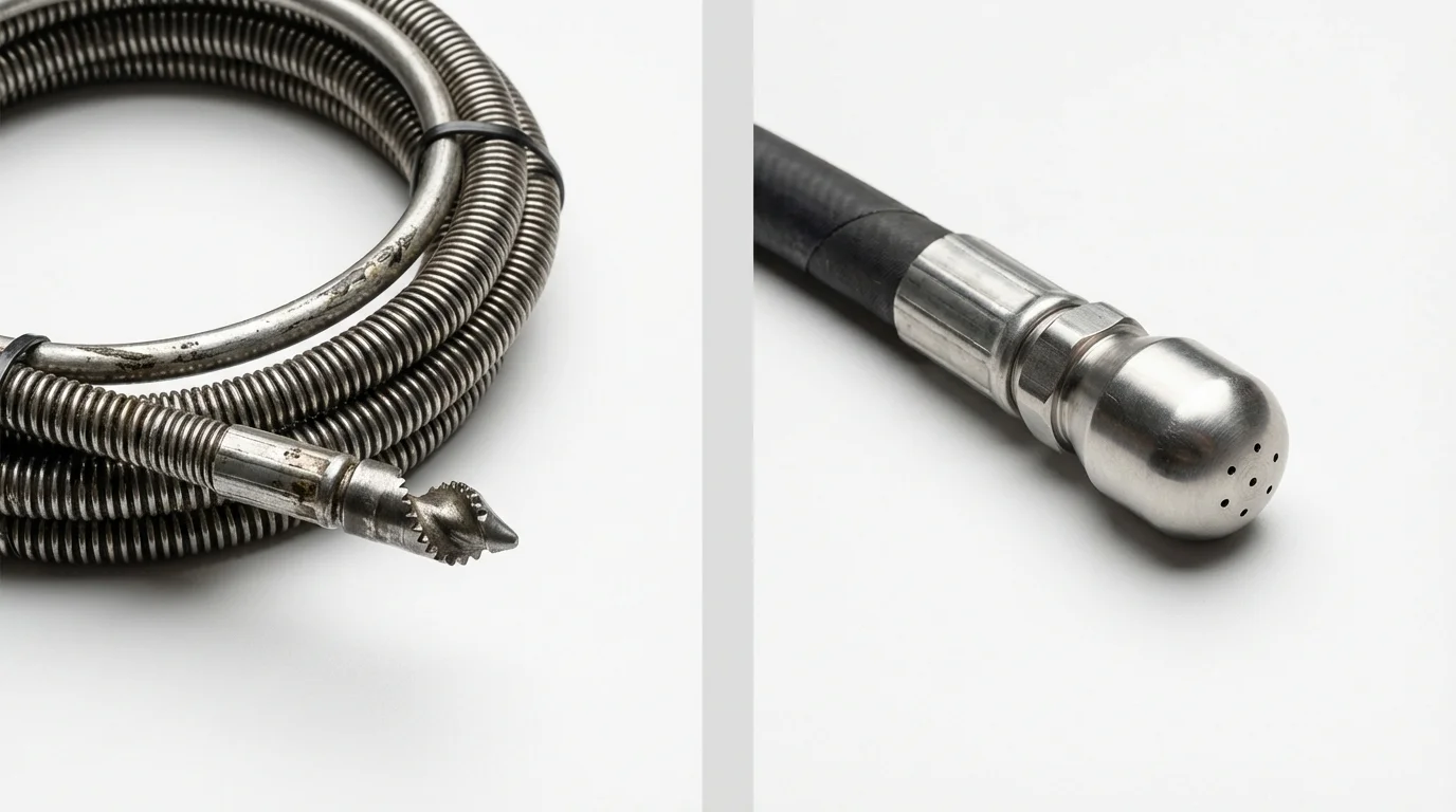 Drain snake cable and hydro jetting nozzle used for drain cleaning in Friendswood, TX