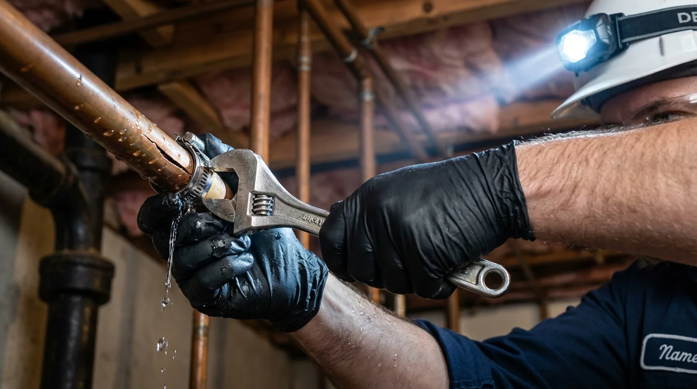 Emergency pipe clamp repair being performed by a Johns Plumbing LLC plumber in Friendswood