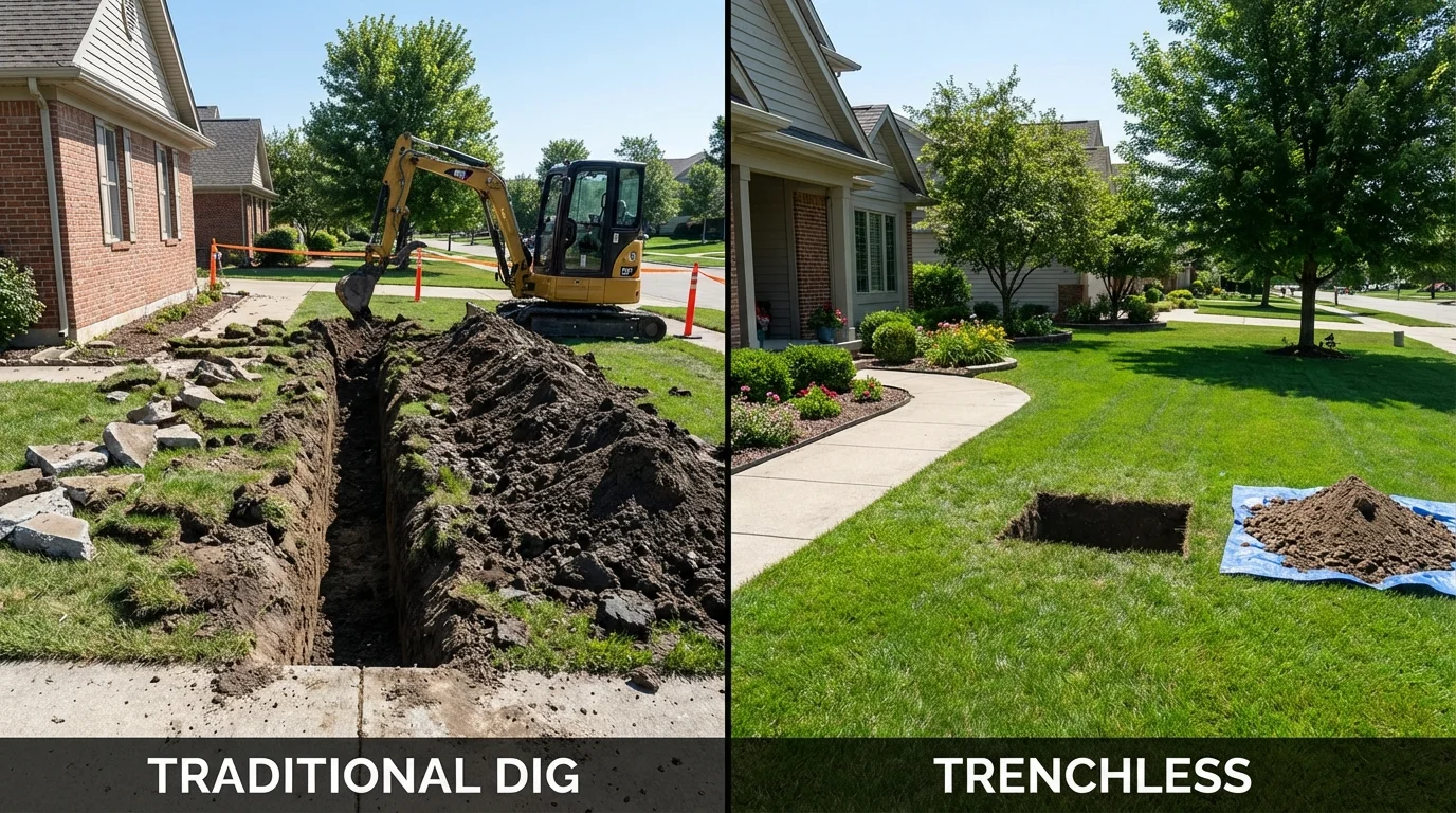 Trenchless sewer repair with minimal yard damage versus traditional excavation in Friendswood, TX