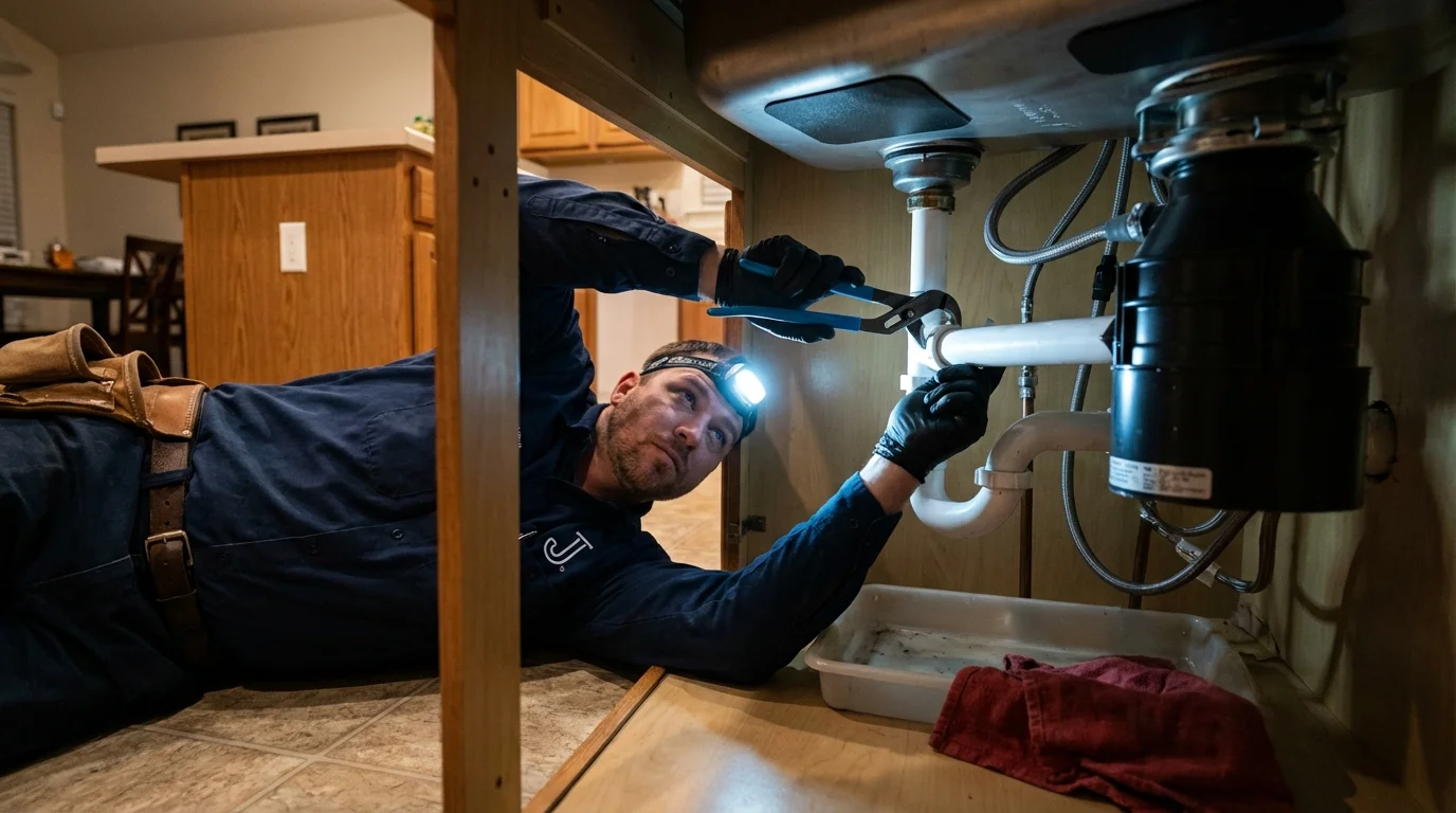 P-trap and supply line connections under a kitchen sink showing a common leak point in Friendswood, TX